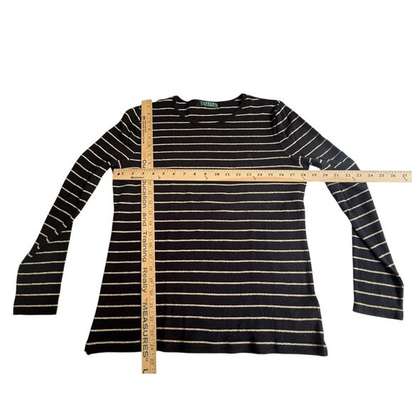 VTG Lauren Ralph Lauren TOP Women's MED Black & Gold Glitter Striped Long Sleeve - Picture 6 of 7